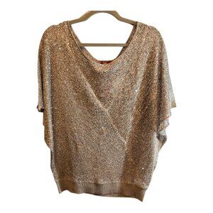 5/48 SEQUIN TAN GOLD TOP DOLMAN SHORT SLEEVE NWT SIZE LARGE RELAXED SPARKLE